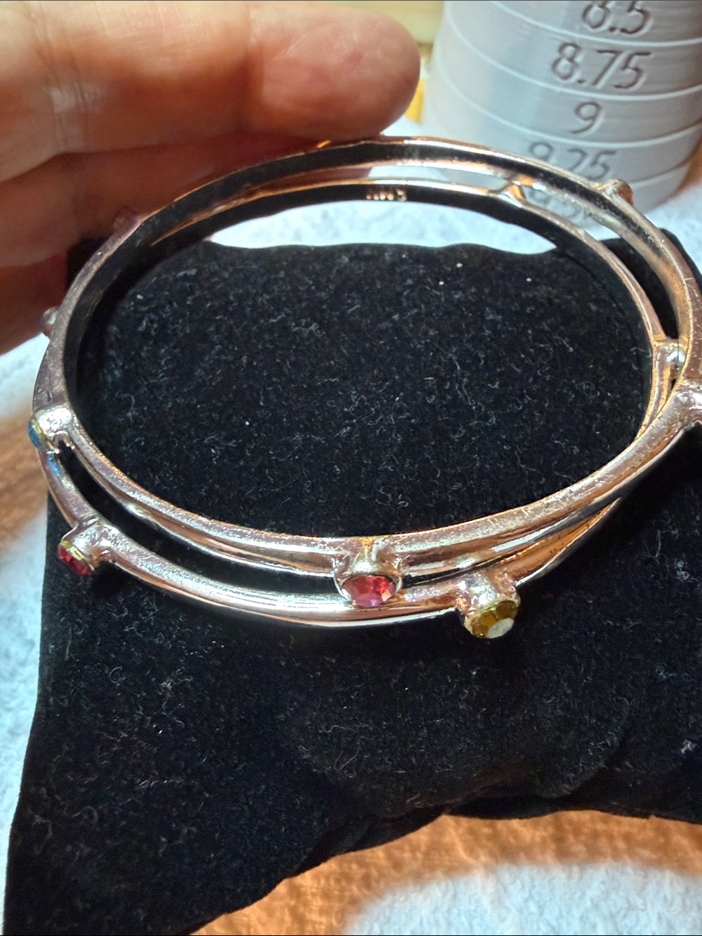 Silver Tone Women’s Bangle Set with Pink Blue and Green Rhinestones